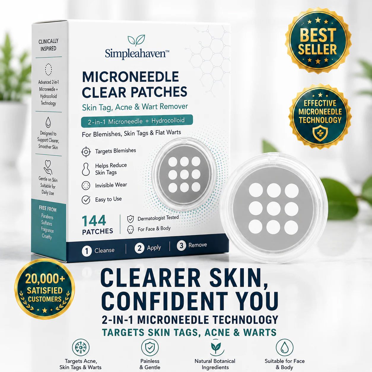 ✨Simpleahaven®2-in-1 Microneedle & Hydrocolloid Patch🍀| Removes Raised Moles, Acne, Flat Warts & Skin Tags | Helps Improve Wrinkles, Scars & Blemishes | Invisible Patches for Face & Body