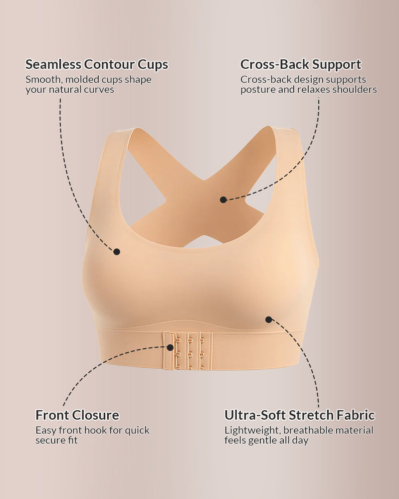 ⏳👍✨Cross Back Front Closure Wireless Posture Support Bra– All-Day Comfort, Breathable & Summer-Ready 💕
